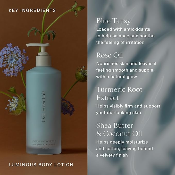 Oak Essentials Luminous Body Lotion | Hydrating Blue Tansy Body Cream with Rose Oil, Turmeric, Shea Butter and Coconut Oil, 1.33 Fl Oz (Travel Size)