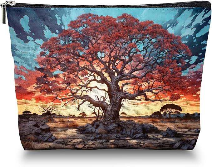 Makeup Bag Travel Cosmetic Bags Small Makeup Case Waterproof Zipper Pouch for Women Girls 7X9inches - Gigantic Red Tree Against A Colorful Sky