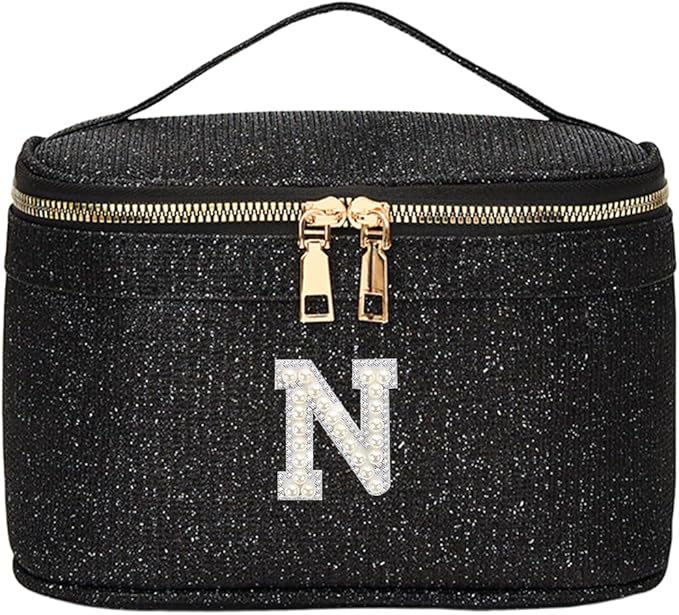 EURYNOME Makeup Bag with Custom Letter N, Water-Resistant Travel Organizer Pouch, (8.3x5.1x5.1 Inch) Cosmetic Case for Women