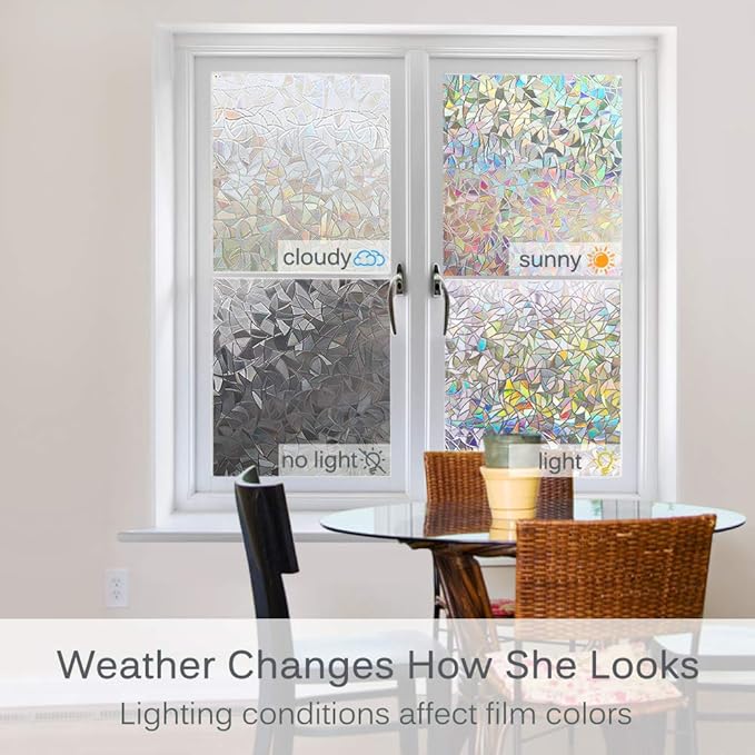 Volcanics Window Privacy Film with Installation Tools, Static Window Clings Vinyl 3D Decals Stickers Rainbow Window Film for Glass Door Home Heat Control Anti UV 29.5 x 157.4 Inches