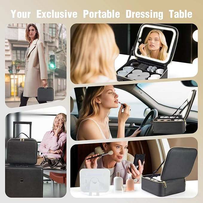 Makeup Bag with Mirror and Light, Travel Makeup Train Case with LED Lighted Removable Mirror, Portable Cosmetic Organizer Make up Bag with 3 Colors Dimming Light, Adjustable Dividers & Brush Board