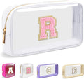 Small Clear Personalized Initial Makeup Bag,Nylon Preppy A-Z Chenille Letter Patch Cosmetic Pouch Beach Toiletry Bag,Waterproof Zipper Travel Purse Storage Bag Organizer for Women Girls(White-Pink R)