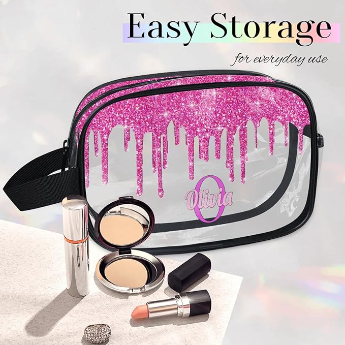 Custom Name Transparent Makeup Bag Travel, Clear Toiletry Bag Travel Large Capacity PVC Cosmetic Container Organizer for Shampoo, Deep Pink Water Fluid Shape Glittering