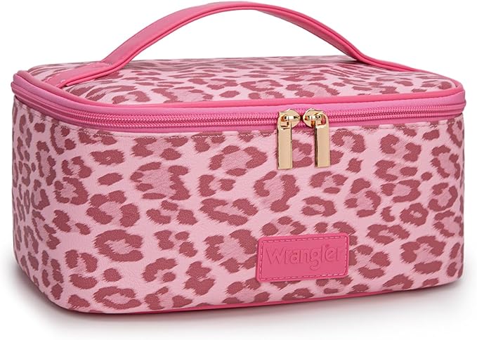 Montana West X Wrangler Travel Makeup Bag 2pcs Set Large Cosmetic Bag with Makeup Brush Holder Portable Make Up Organizer Cute Toiletry Bag with Divider and Handle for Women Leopard