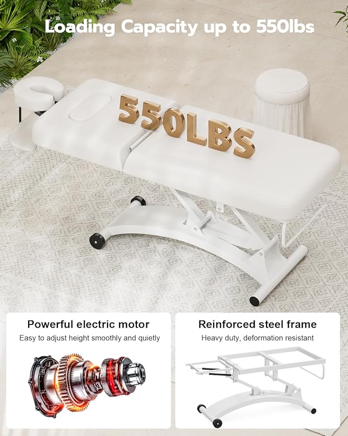 Paddie 550lbs Electric Lift Massage Table Professional for Treatment/Facial/Beauty/Spa/Physical Therapy, Adjustable Backrest/Face Cradle/Rolling Wheels, White