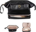 Wedding Gift Initial Makeup Bag, Personalized Double Layer Cosmetic Bag with Makeup Brush Organizer, Waterproof, Large Capacity PU Leather Travel Toiletry Bag Retirement Gifts, Daughter Gifts