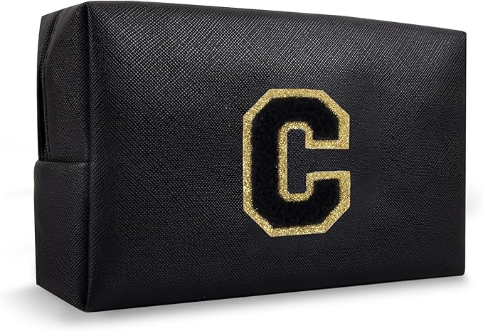 Personalized Initial Preppy Patch Makeup Bag, Small Cute Black Travel Toiletry Pouch Monogram Cosmetic Organizer with Zipper, PU Waterproof Make Up Case Storage Gift for Coworker Teacher Her(Letter C)