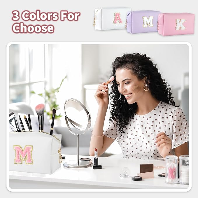 MSQ Personalized Makeup Bag Initial A-Z Patch Bag, PU Leather Cosmetic Bag Pouch Travel Toiletry Bag with Zipper, Gift Ideal for Teen Girls Friend Mom Women Birthday (White M)