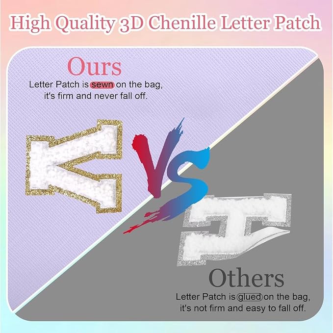 Small Personalized Letter Makeup Bag, Cute PU Leather Chenille Letters Cosmetic Bag Travel Makeup Pouch, Preppy Travel Organizer Zipper Pouch for Women&Girls（Purple-K）