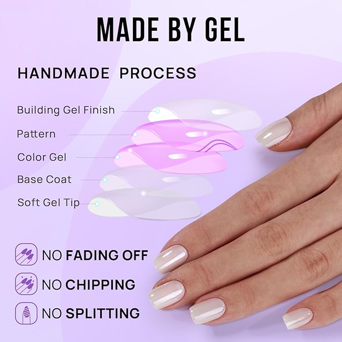 BTArtbox Press On Nails Short - White Soft Gel Press On Nail, Square Chrome Nail Tips Glue On Nails, Reusable Stick On Nails in 15 Sizes - 30 Soft Gel Fake Nails Kit, Vanilla Glazed