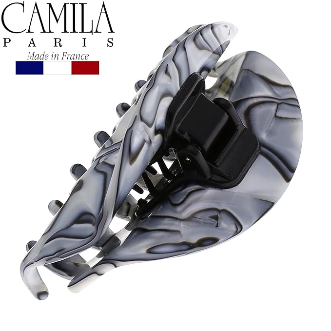 Camila Paris CP2958 French Hair Ponytail Holders Ties, Flower, Handmade, Gray, Strong Hold Grip Hair Clips for Women, No Slip and Durable Styling Girls Hair Accessories, Made in France