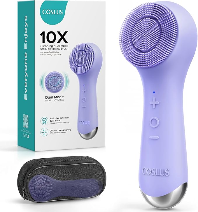 COSLUS Face Scrubber Facial Cleansing Brush: 2 in 1 Spin and Vibration Patented Tech, Silicone Electric Exfoliator Scrubber with Automatic Foaming, Waterproof Face Cleanser Brush for Men and Women