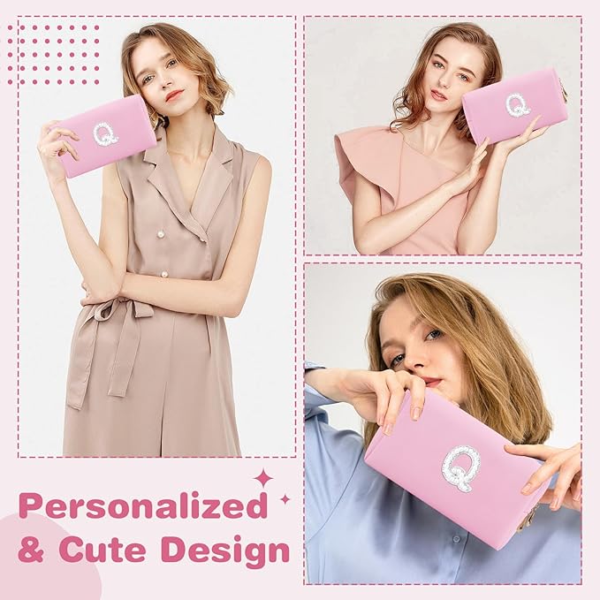ChaoGreat Bride Gifts – Personalized Initial Makeup Bag with Pearl Rhinestone Patch, Preppy Pink Monogram Cosmetic/Toiletry Pouch, bridesmaid Gifts, Bridal Shower Gifts, Wedding Gifts, Bridal Gifts,Q