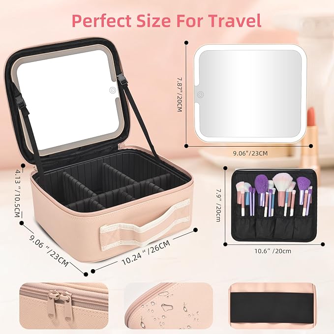 Travel Makeup Bag with LED Mirror,Removable Mirror with 3 Color Modes,Portable makeup travel organizer for Women,Makeup Case with 8 Adjustable EVA Dividers,Cosmetic Train Case with Lighted Mirror