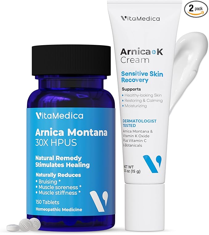 VitaMedica | Arnica Montana 30X & Arnica Cream Bundle | for Bruising, Swelling, Inflammation & Pain Relief | Vitamin K Topical Cream | Softens, Calms, Moisturizes, & Restores Bruised Skin | USA Made