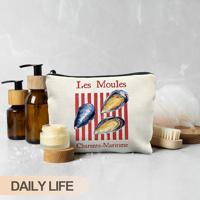 Vintage Mussels Beach Makeup Bag, Red Stripes Nautical Beach Cosmetic Bags for Women, Gifts for Ocean Lovers, Retro Seafood Aesthetic Zipper Makeup Pouch
