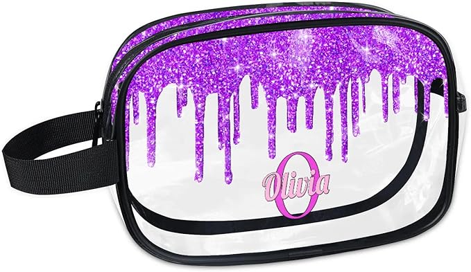 Personalized Name Clear Toiletry Bag, Large Travel PVC Cosmetic Bag Portable Makeup Organizer Bag for Women Bathroom Shower Essentials, Dark Voilet Purple Fluid Shape Glittering