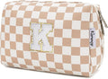 Narwey Birthday Gifts for Women Teen Girls Kids Personalized Initial Checkered Makeup Bag Cute Cosmetic Bag Trendy Stuff 6 8 10 11 12 13 14 16 18 Years Old Travel Toiletry Bag (Brown Letter K)