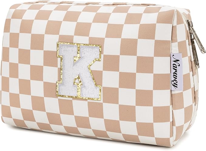 Narwey Birthday Gifts for Women Teen Girls Kids Personalized Initial Checkered Makeup Bag Cute Cosmetic Bag Trendy Stuff 6 8 10 11 12 13 14 16 18 Years Old Travel Toiletry Bag (Brown Letter K)