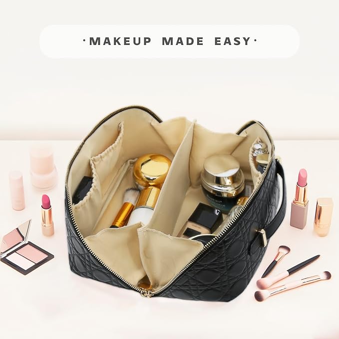 Travel Makeup Bag – Large Cosmetic Organizer with Waterproof PU Leather, Smooth Double Zipper & Tear-Resistant Lining, Toiletry Pouch for Women (Black)