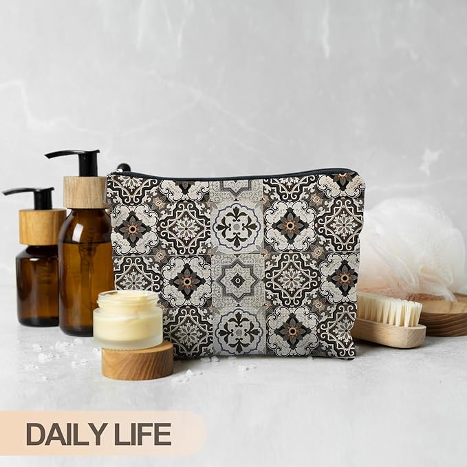 Vintage Boho Block Print Makeup Bag, Ethnic Moroccan and Mediterranean Tile Cosmetic Bags for Women, Mexican Gifts for Women, Boho Traditional Mandala Zipper Makeup Pouch