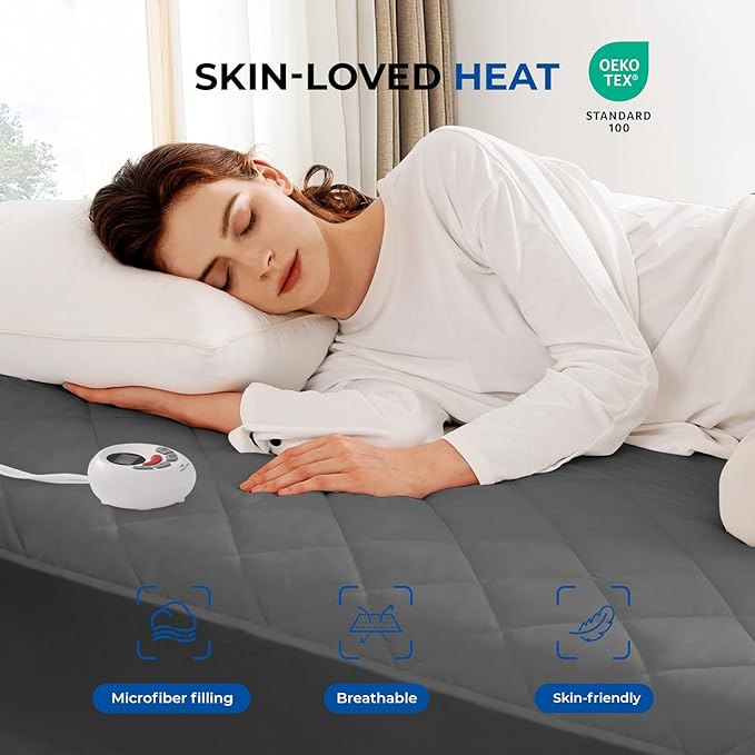 Heated Mattress Pad Queen Size Quilted Zone Heating Electric Bed Warmer Comfort Heat Mattress Pad Cover Dual Controller（10 Heat Setting | 1-12 Hours Auto Shut Off | with 8-21 Inch Deep Pocket） Gray