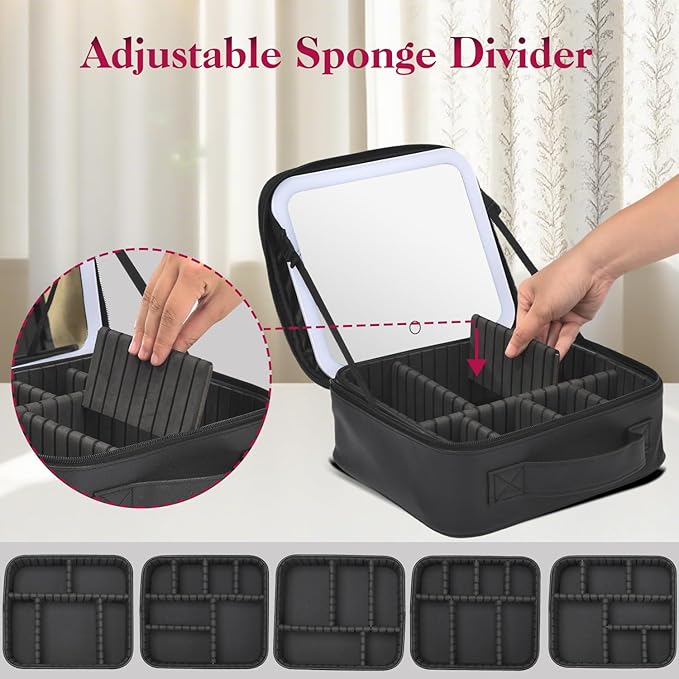 Travel Makeup Bag With LED Mirror,Cosmetic Train Case with 3 Color Setting,Cosmetic Makeup Organizer Bag with Adjustable Dividers,Portable Make up Box with Make up Brushes Holder Storage（Black）