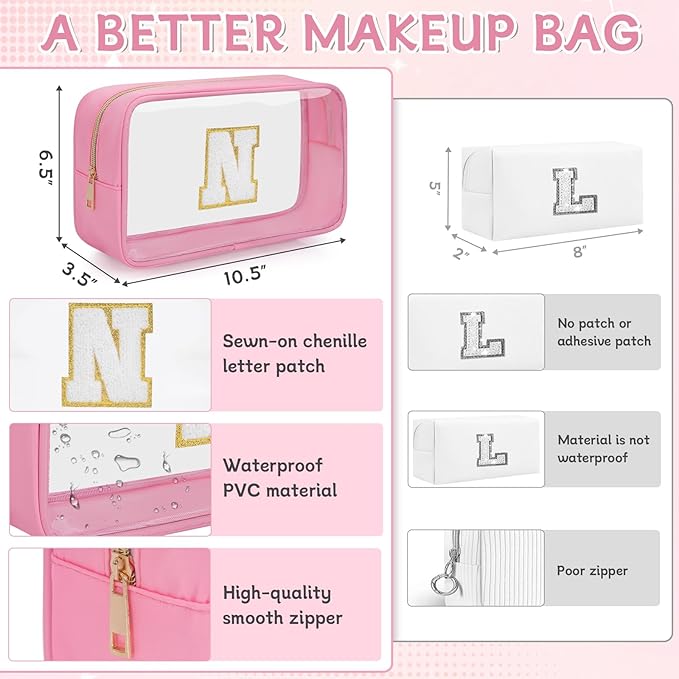 Personalized Initial Clear Makeup Bag, Travel Chenille Patch Cosmetic Bag, Preppy Toiletry Bag Monogram Cosmetic Pouch with Zipper, Ideal Gift for Teen Girls Women (Clear-Pink, N)