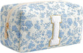 Gleyemor Personalized Initial Makeup Bag for Women, Cute Quilted Blue Floral Cotton Cosmetic Bag, Christmas Gifts for Her Mom Friend Sister Bridesmaid Teacher Women I