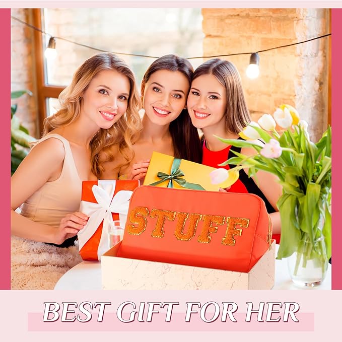 Remerry 4 PCS Nylon Cosmetic Bags Waterproof Spacious Travel Makeup Organizer for Women Chenille Letter Preppy Zipper Pouch Face Stuff Skin Hair Organizer Gift(Fluorescent Colors)