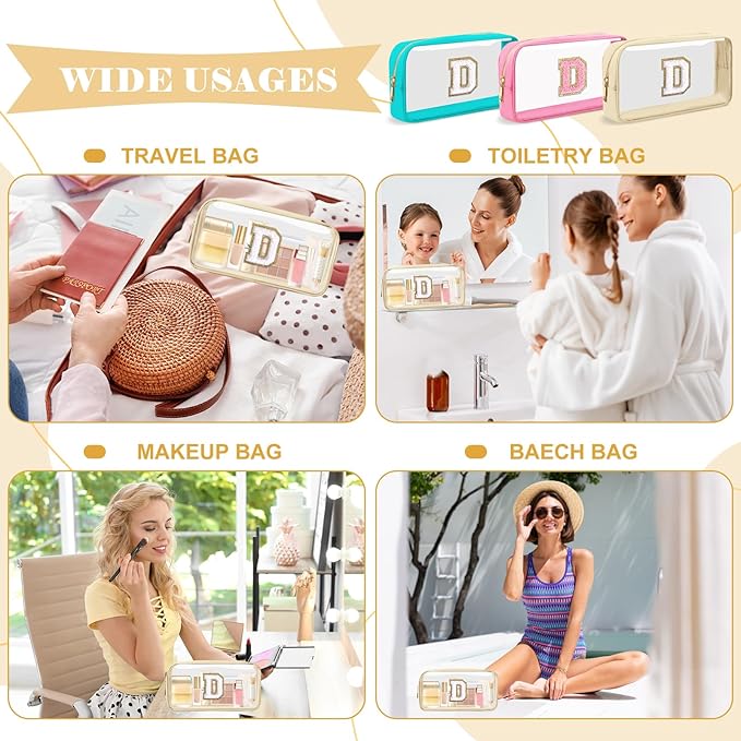 Personalized Initial Letter Clear Makeup Bag,Preppy Small Nylon&PVC Cosmetic Zipper Bag with Chenille Letter,Portable Beach Travel Skincare Toiletry Bag,Trendy Monogram Gift for Teen Girls Women,D