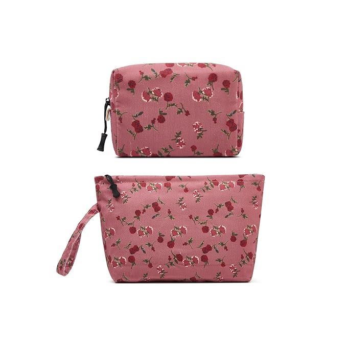 Makeup bag set small Cosmetic bag for women purse Corduroy Organizer with interior Pockets,cute Pencil zipper Pouch travel Toiletry Bag with handle(Rose Red)