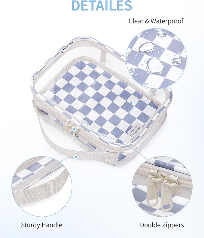 Narwey TSA Approved Clear Toiletry Bag for Travel, Waterproof PVC Clear Makeup Bags Portable Compact Cosmetic Bag Make Up Organizer Airport Airline Quart Size Compliant Bag (Grayish Blue Checkerboard)