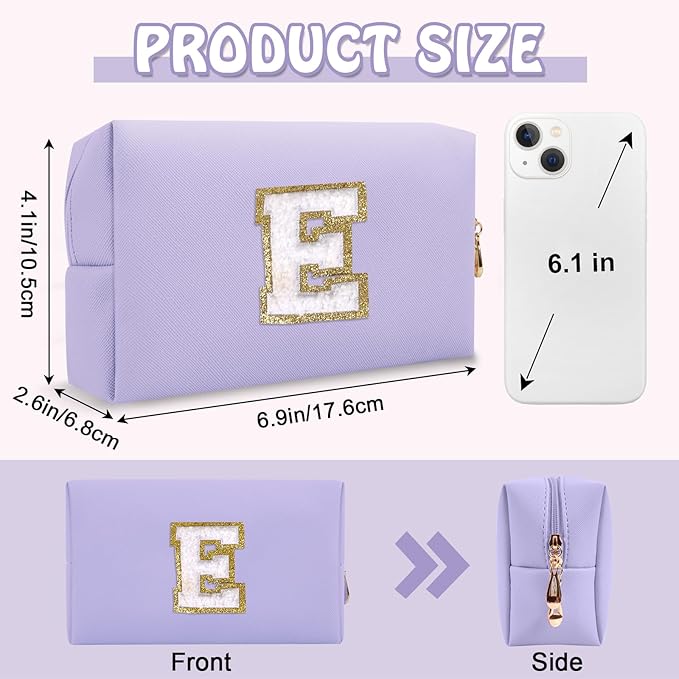 Personalized Chenille Letter Preppy Makeup Bag, Small Purple Initial Cosmetic Organizer Toiletry Zipper Pouch Monogram Make Up Storage, Waterproof PU Make Up Case Travel Essentials for Women(Letter E)