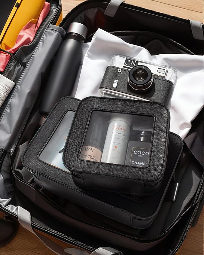Clear Makeup Bag Set for Women Portable Clear Makeup Bag Cute Waterproof Travel Cosmetic Bag Travel Essentials Car Accessories for Women Men(Black, Standard + Mini)