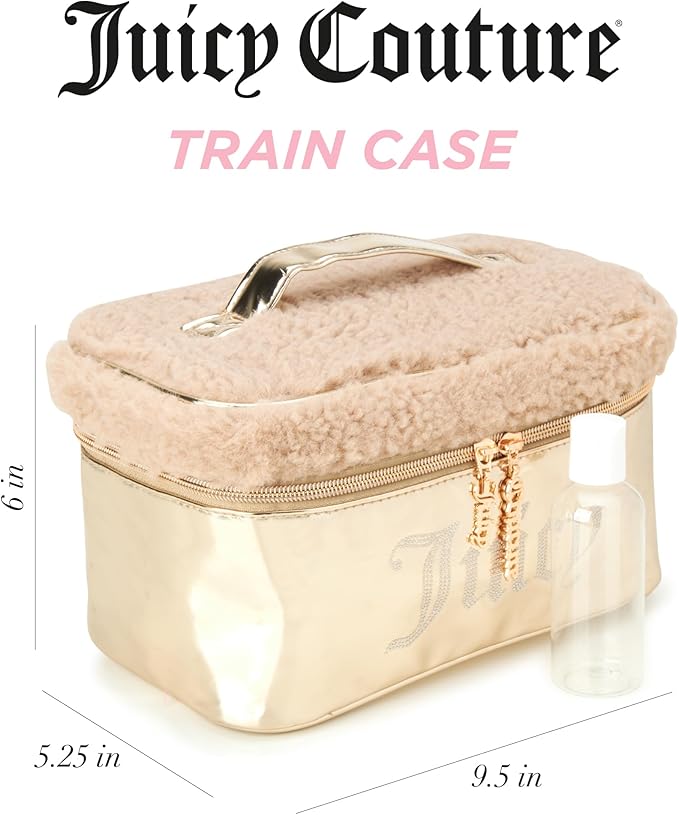 Juicy Couture Gold Makeup Bag Cosmetics Organizer Travel Essentials Train Case Shiny Rhinestones Faux Shearling