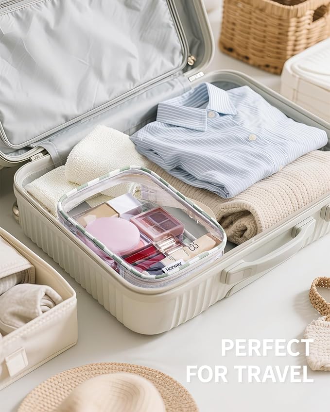 Narwey TSA Approved Clear Toiletry Bag for Travel, Waterproof PVC Clear Makeup Bags, Portable Compact Cosmetic Bag Make Up Organizer, Airport Airline Quart Size Compliant Bag (Mint Green Checkerboard)