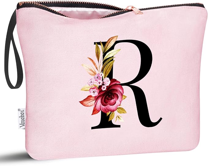 Vavabox A-Z Personalized Makeup Bag, Birthday Gifts for Women Mom, Gifts for Best Friend, Bride Bridesmaid Cosmetic bag (R, Pink)