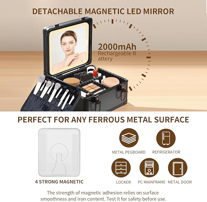 Travel Makeup Case with Lighted LED Mirror – Waterproof Cosmetic Organizer with Adjustable Dividers, Portable Makeup Train Case for Women, Black