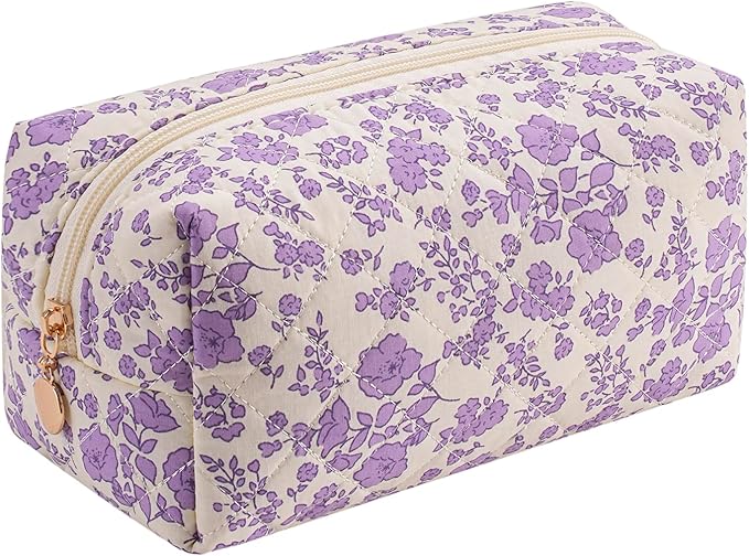 JOVAKIT Square Makeup Bag Cute Cosmetic Bag for Women, Floral Coquette Aesthetic Toiletry Bag, Zipper Make Up Pouch, Travel Make Up Organizer Bag (Big Purple Floral)
