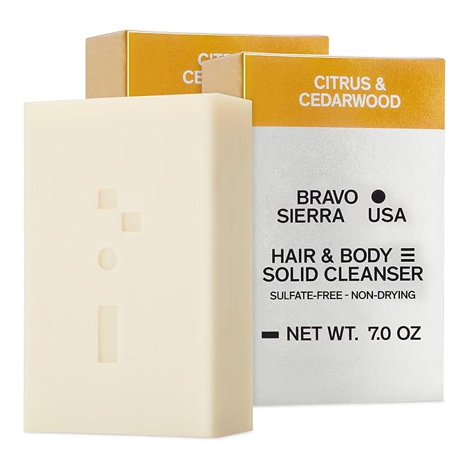 Bravo Sierra Body and Hair Mens Soap Bar, 2-Pack - All-In-One Shampoo & Soap for Face, Hair & Body - Citrus & Cedarwood, 7 oz - Coconut, Shea Butter & Oat Flour for Soft Skin & Healthy Hair