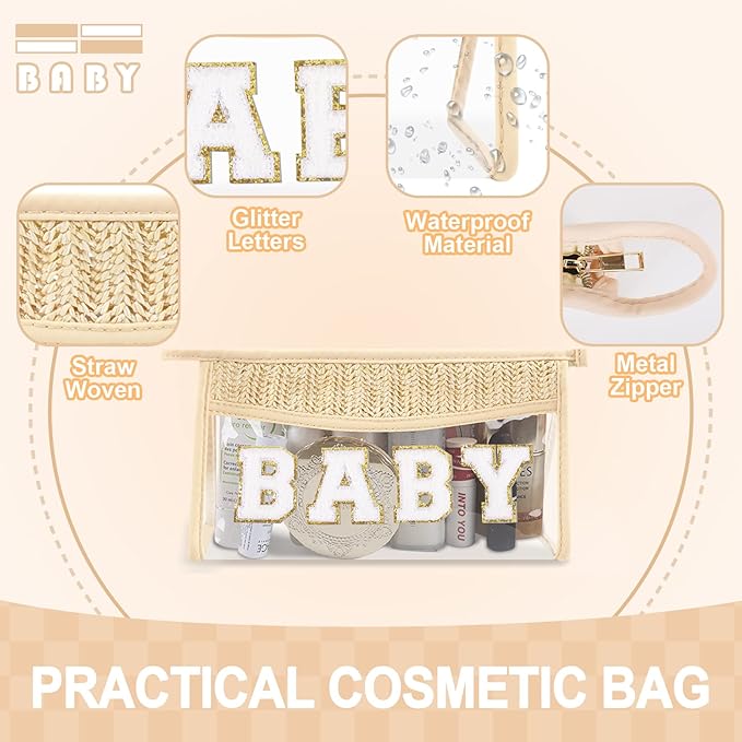 Small Boho Straw Clear Baby Makeup Bags for Women&Girls, Zipper Cosmetic Bag Chenille Varsity Letter Patch Bag, Preppy Cute Toiletry Pouch, Trendy Organizer Storage Bag for Beach Travel Essentials