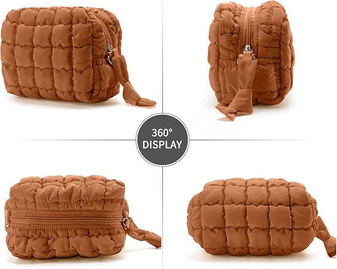 Puffy Quilted Makeup Bag Small Puffer Bag Cosmetic Bags Travel Toiletry Purse for Women, Cute Organizer Pouch, Toffee
