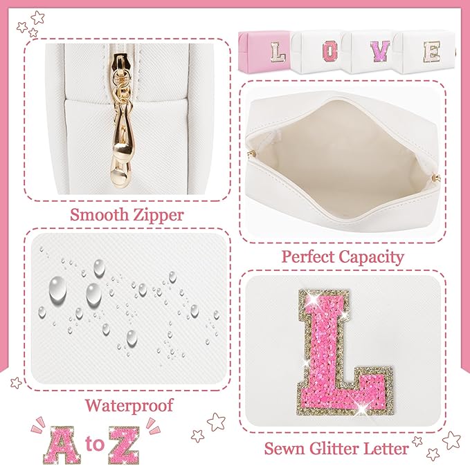 Initial Letter Patch Makeup Bag, Small Preppy A-Z Glitter Letter Cosmetic Bag, PU Leather Waterproof Travel Toiletry Bag, Cute Make Up Pouch Personalized Monogrammed Gift for Women Teen Girls