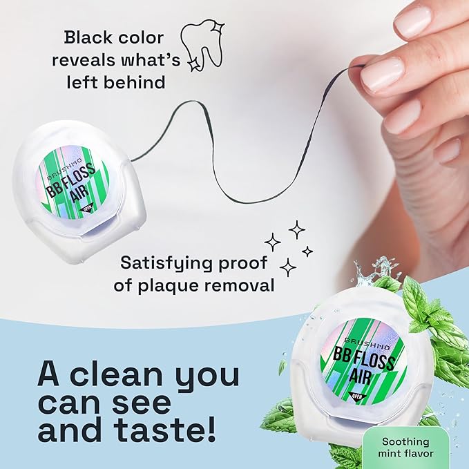 Brushmo Black Floss Air (BB Floss Air) - Ultra Soft & Thin Expanding Gum-Friendly Soothing Mint Dental Floss, Natural Wax Helps Remove Plaque from Teeth, US-Dentist Designed PTFE & PFAS Free, 55 yd
