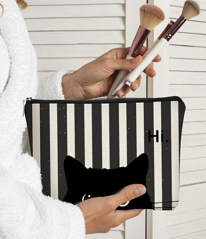 Striped Cat Makeup Bag - Small Cute Cosmetic Bag for Women & Teen Girls - Black Cat Purse Gift for Cat Lovers & Owners