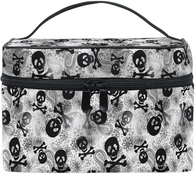 Makeup Bags, Gothic Skulls Black Grey Paisley Makeup Organizer Bags Toiletry Bag Box Travel Cosmetic Bag Make Up Train Case for Women Teen Girl Ladies