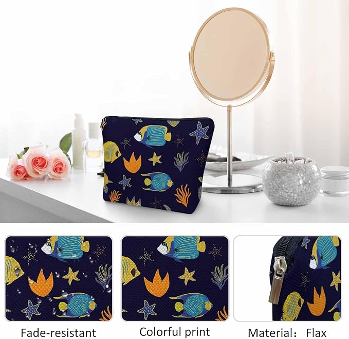 Sea Animal Makeup Bags Makeup Organizer, Ocean Sea Turtle Starfish Seaweed Flax Toiletry Bags Travel Cosmetic Bag Makeup Purse Pouch Skincare Bag Wallet Bags For Women Female Mom Daughter