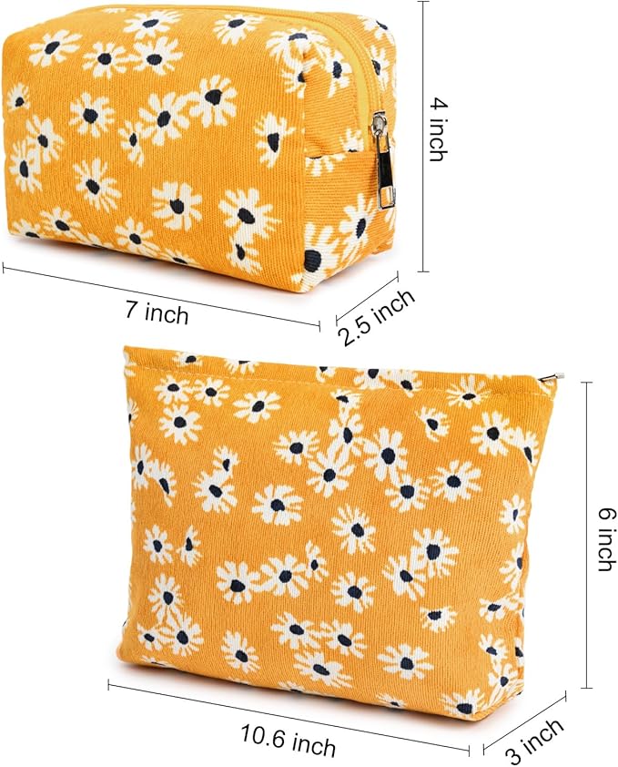 SOIDRAM 2 Pieces Flower Makeup Bag Large Cosmetic Bag Capacity Canvas Mix Travel Toiletry Bag Organizer Cute Makeup Brushes Aesthetic Accessories Storage Bag for Women,Little Flower Mix Yellow