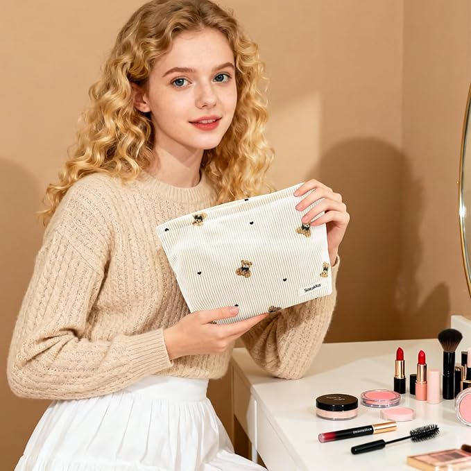 Corduroy Makeup Bag Cute Small Soft Zipper Cosmetic Bag for Purse Coquette Aesthetic Cosmetic Pouch with Bear Toiletry Storage Pouches Travel Makeup Bags Organizer Gifts for Women (Beige)
